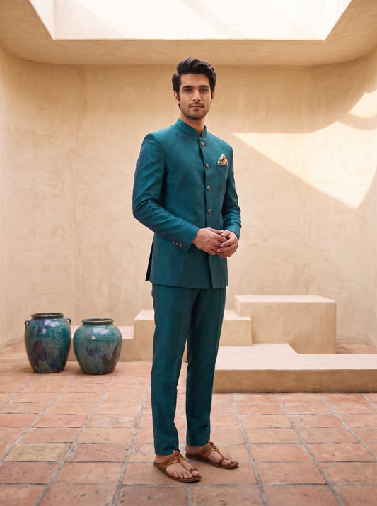 Green Solid - Silk Bandhgala