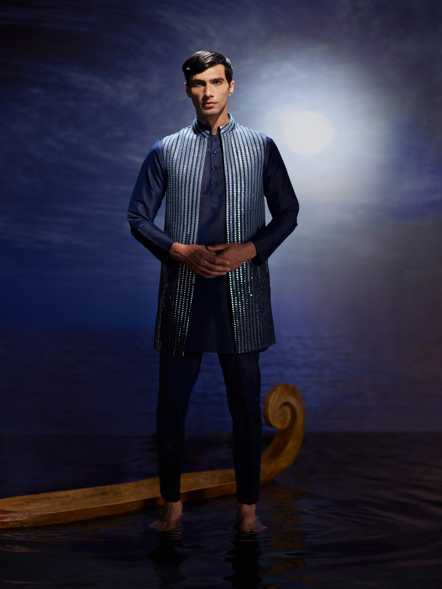 Lehar - Mirror Hand Embroidery Silk Long Nehru Jacket Set