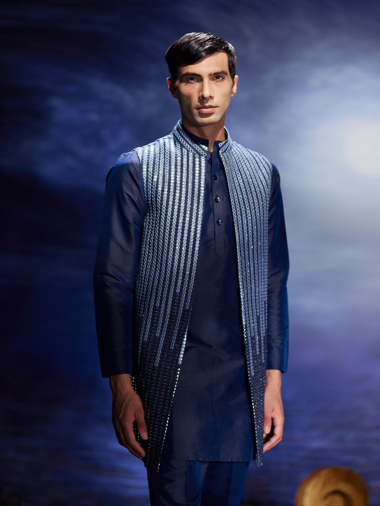 Lehar - Mirror Hand Embroidery Silk Long Nehru Jacket Set