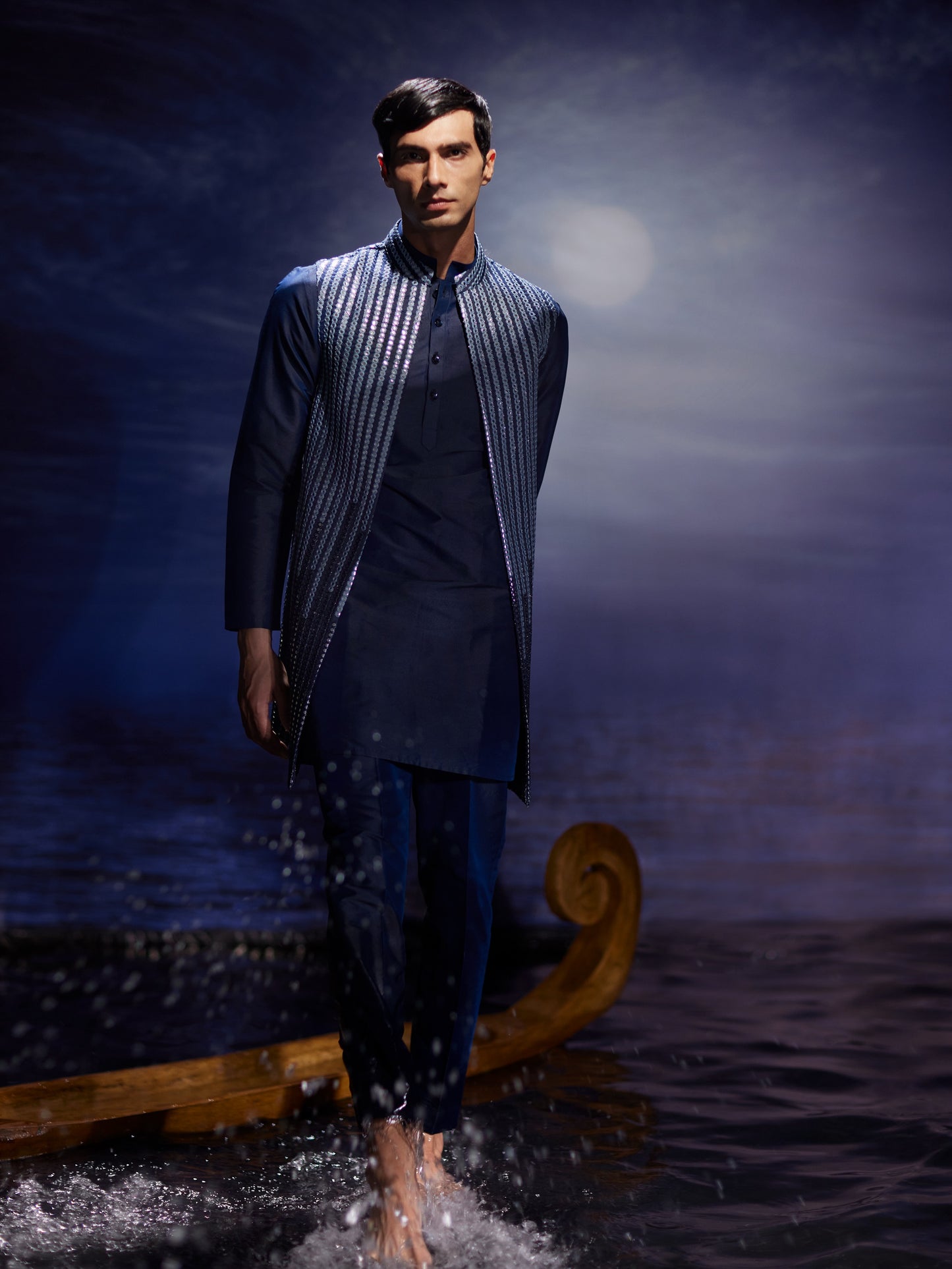Lehar - Mirror Hand Embroidery Silk Long Nehru Jacket Set
