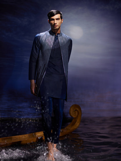 Lehar - Mirror Hand Embroidery Silk Long Nehru Jacket Set