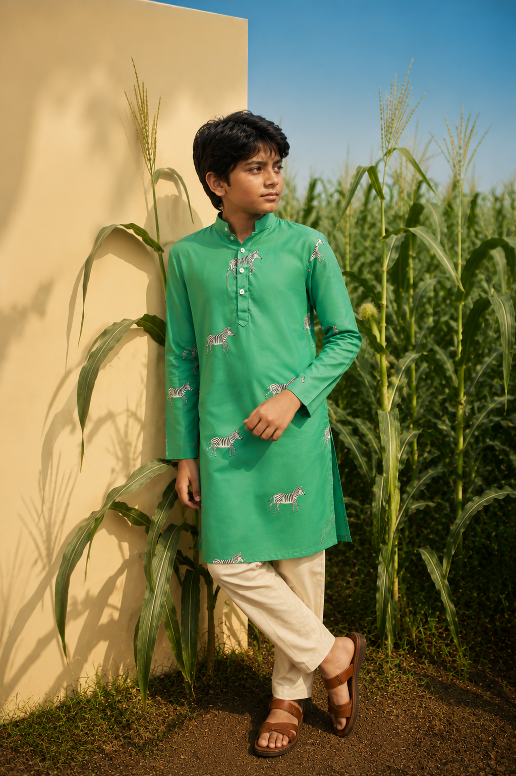 Zebra Meadow - Printed Silk Kurta set For Kids