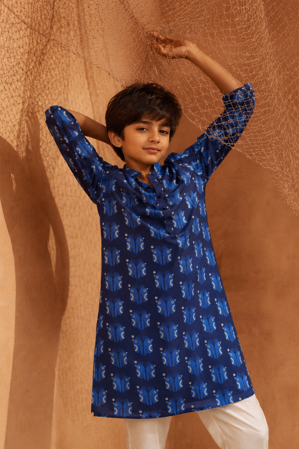 Sea Birds - Kids Printed Silk Kurta Set