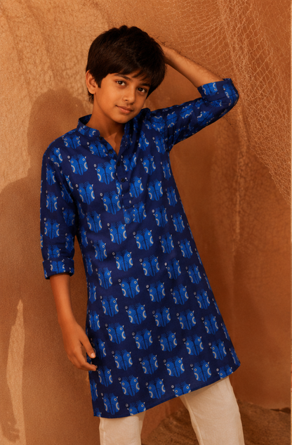 Sea Birds - Kids Printed Silk Kurta Set