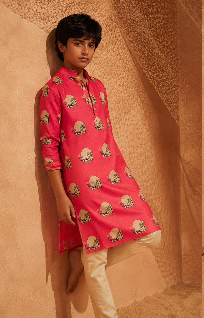 Pink Panther - Printed silk kurta set For Kids