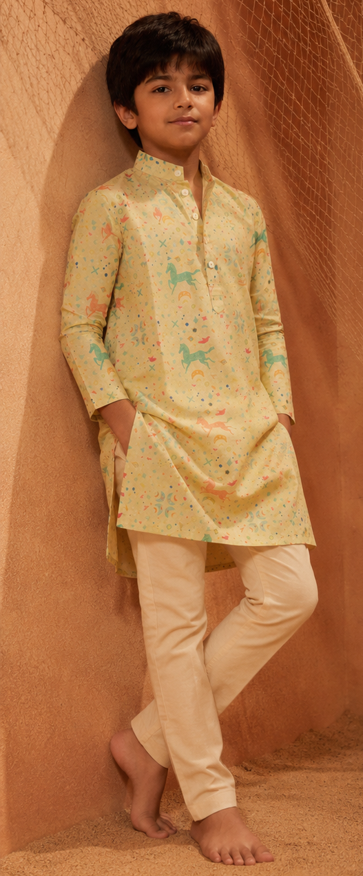 Flying Horses - Printed Silk Kurta Set For Kids
