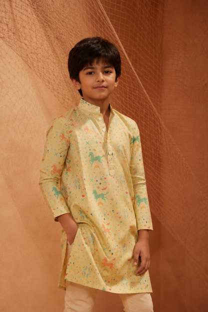 Flying Horses - Printed Silk Kurta Set For Kids