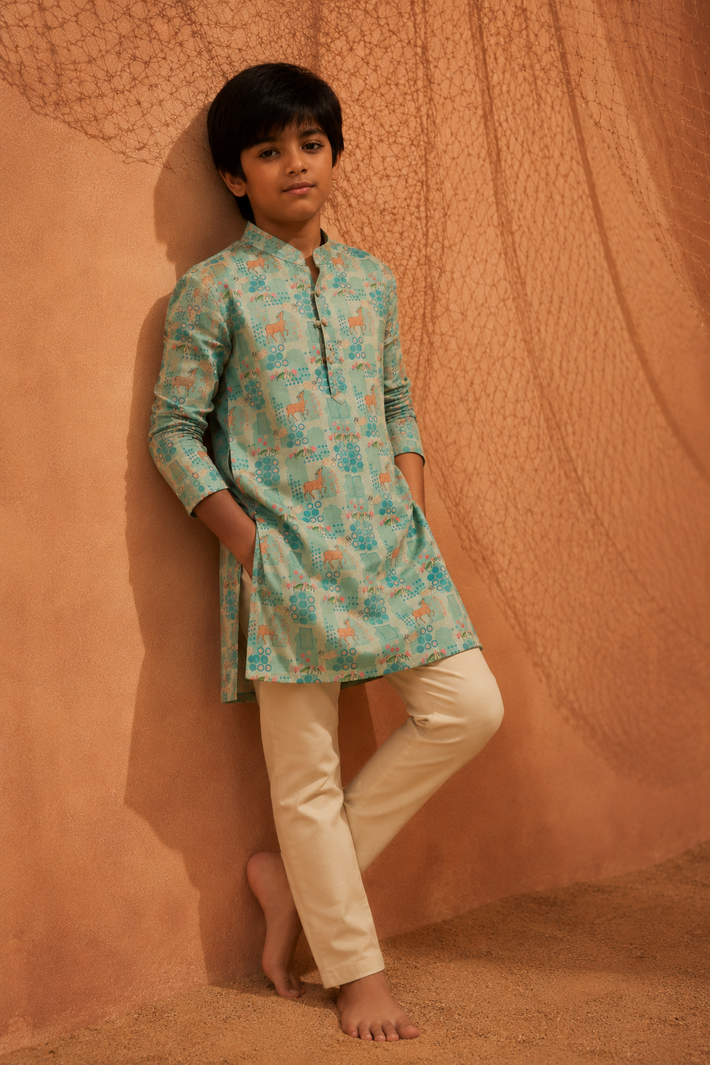 Deer Park - Printed Silk Kurta Set For Kids