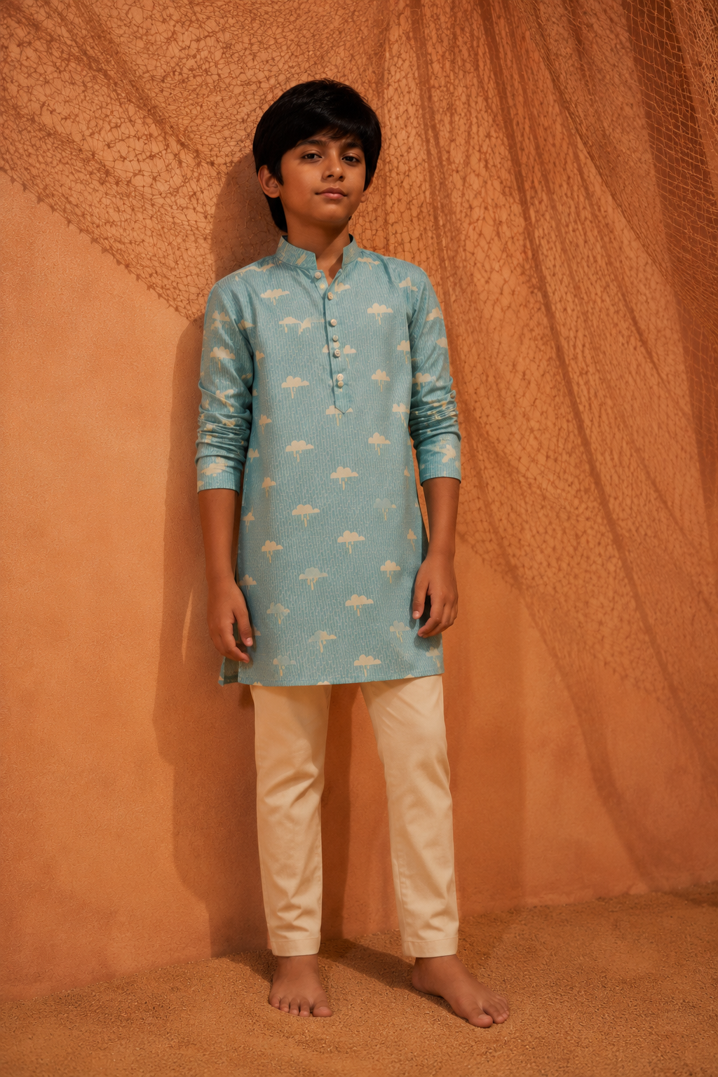 In The Clouds - Printed Silk Kurta Set For Kids