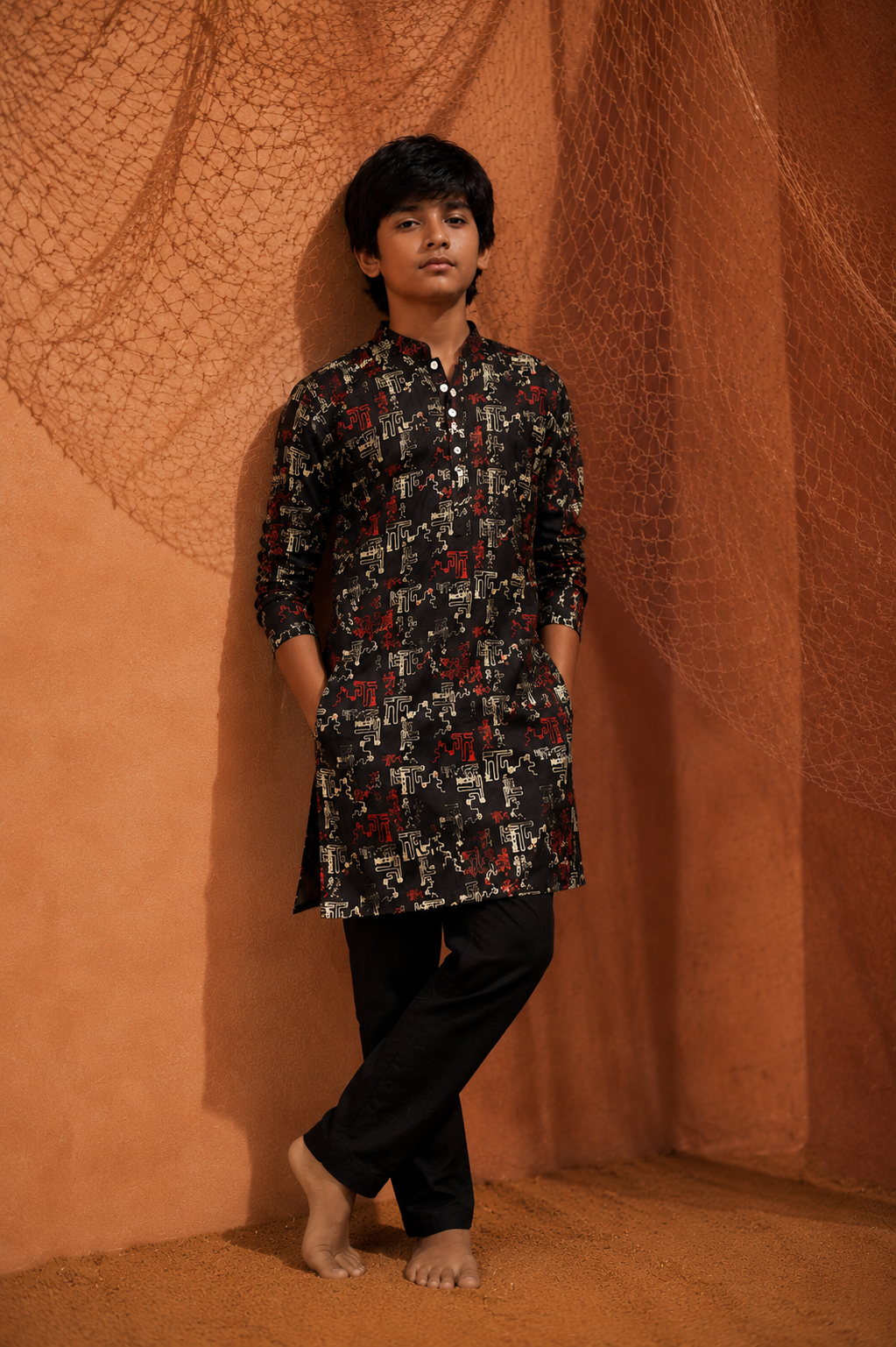 Black Night - Printed Silk Kurta Set For Kids