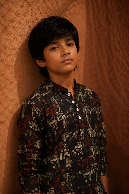 Black Night - Printed Silk Kurta Set For Kids