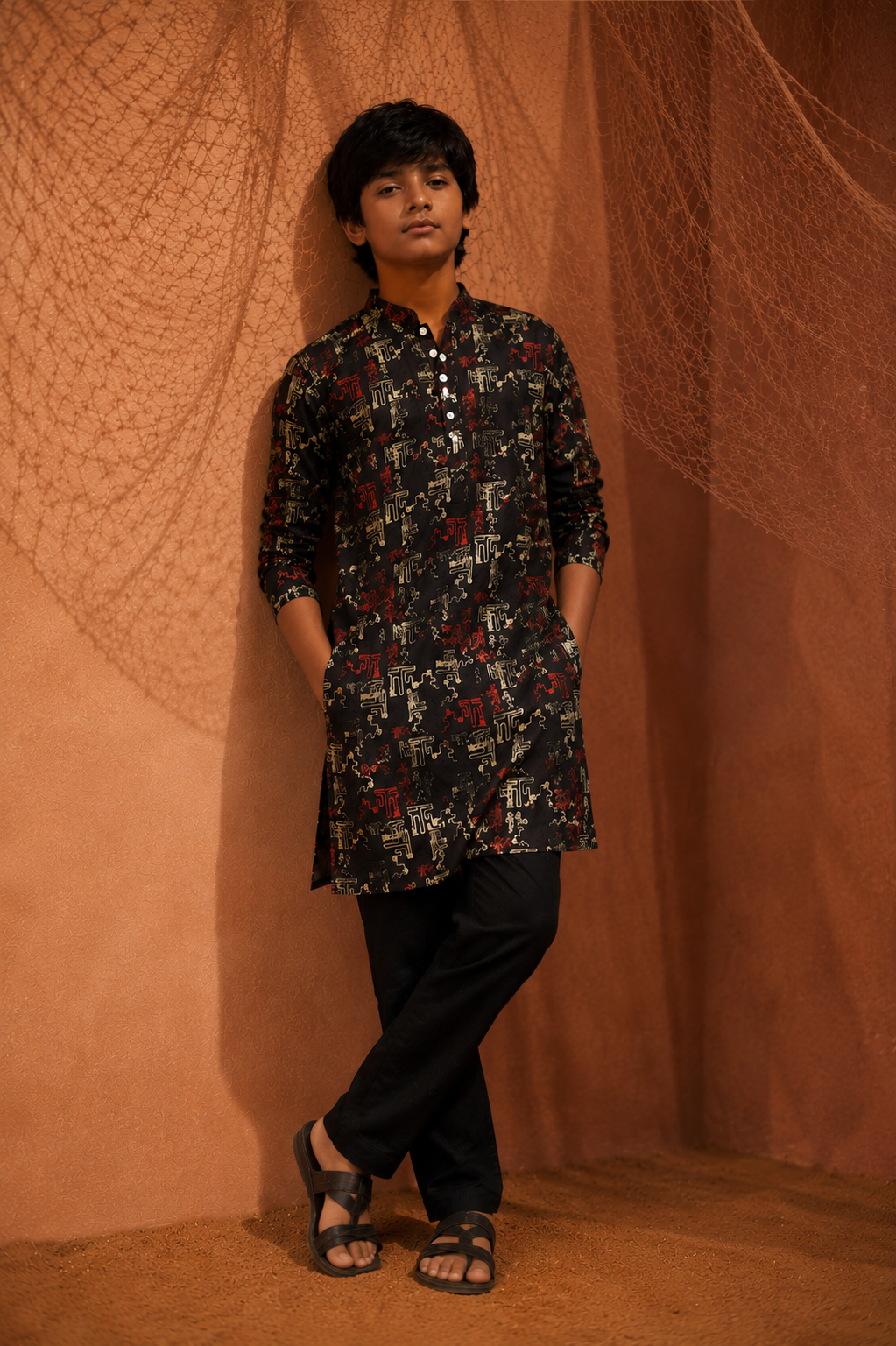 Black Night - Printed Silk Kurta Set For Kids