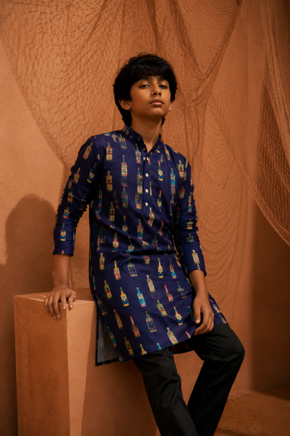 Cocktail Party - Printed silk kurta set For Kids