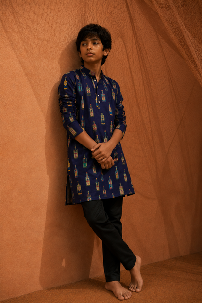 Cocktail Party - Printed silk kurta set For Kids