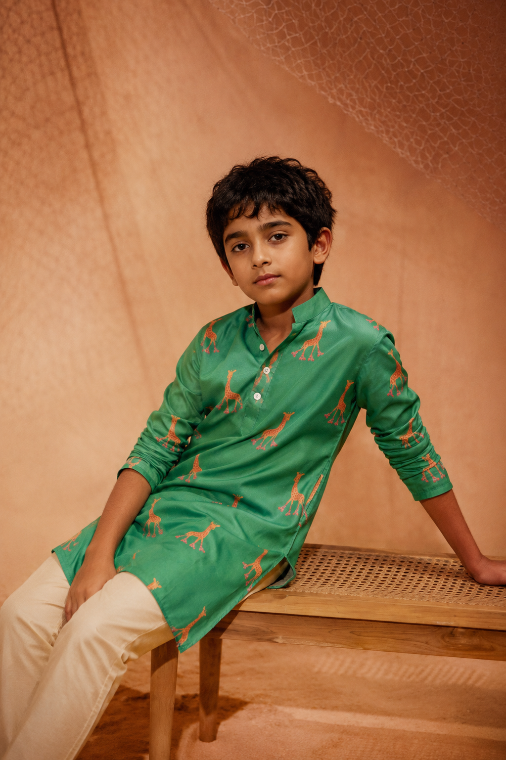 Rolling Giraffe -  Kids Printed Silk Kurta Set For Kids