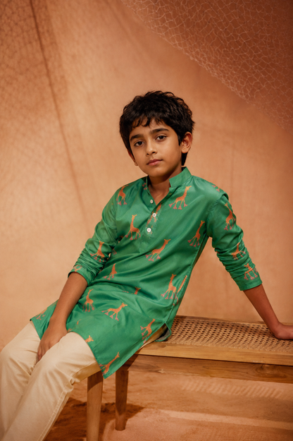 Rolling Giraffe -  Kids Printed Silk Kurta Set For Kids