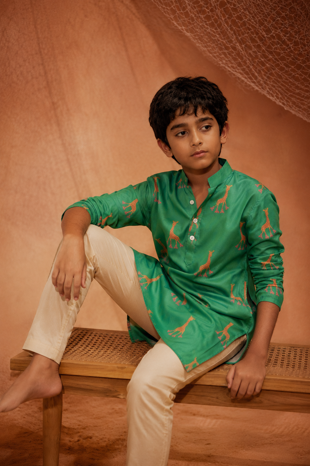 Rolling Giraffe -  Kids Printed Silk Kurta Set For Kids