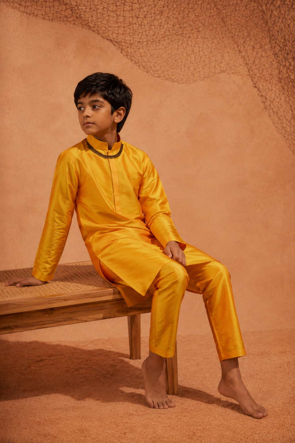Yellow Tagai Kurta - Silk Kurta Set For Kids