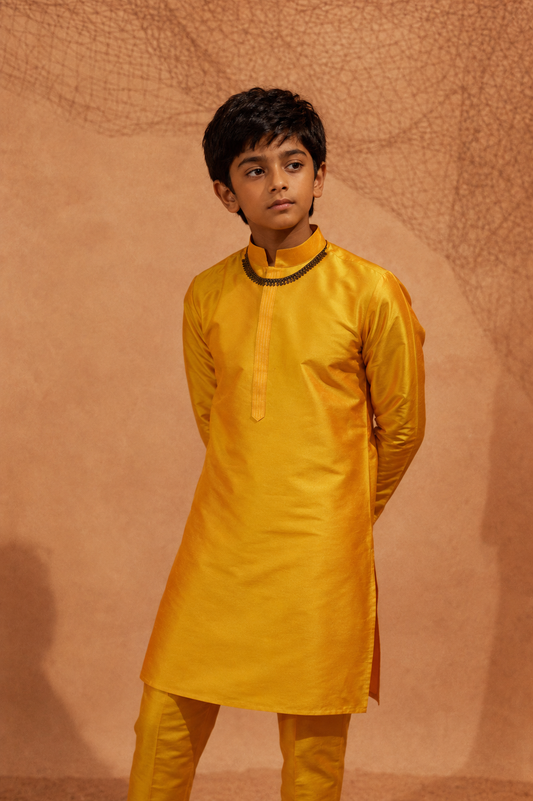 Yellow Tagai Kurta - Silk Kurta Set For Kids