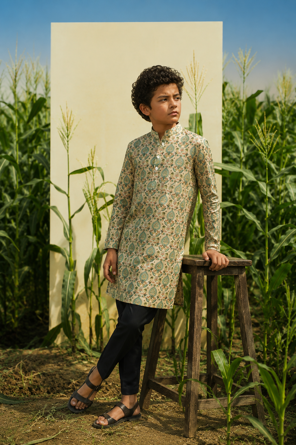 Mughal Bagh - Printed Silk Kurta Set For Kids