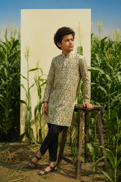 Mughal Bagh - Printed Silk Kurta Set For Kids