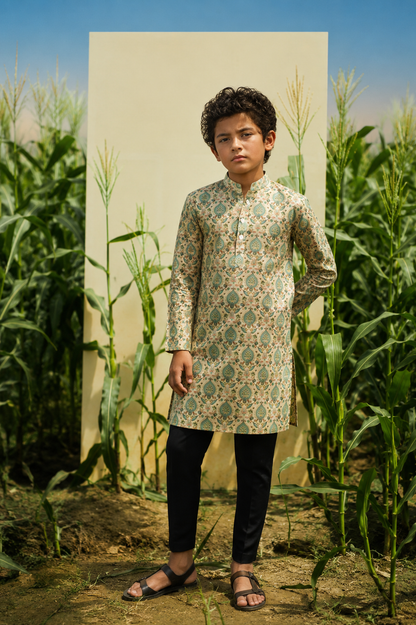 Mughal Bagh - Printed Silk Kurta Set For Kids