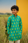 Minty Shade - Printed  Silk Kurta Set For Kids