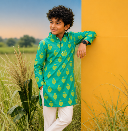Minty Shade - Printed  Silk Kurta Set For Kids
