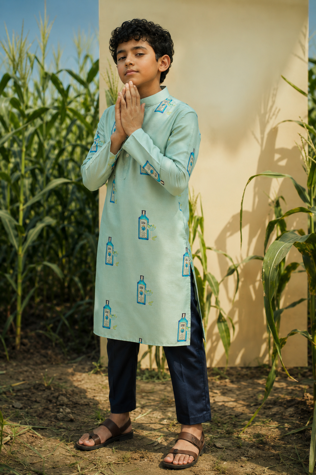 Gin'O Clock - Printed Silk Kurta Set For Kids