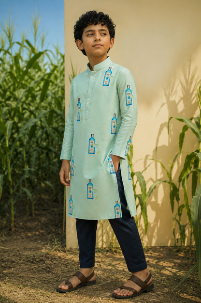 Gin'O Clock - Printed Silk Kurta Set For Kids