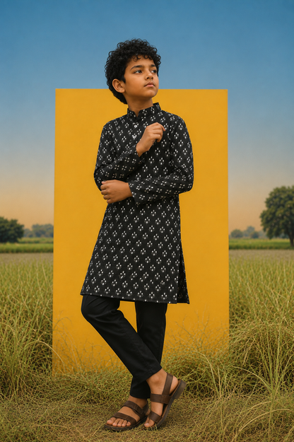 Embers -Printed Mulbery Silk Kurta Set For Kids