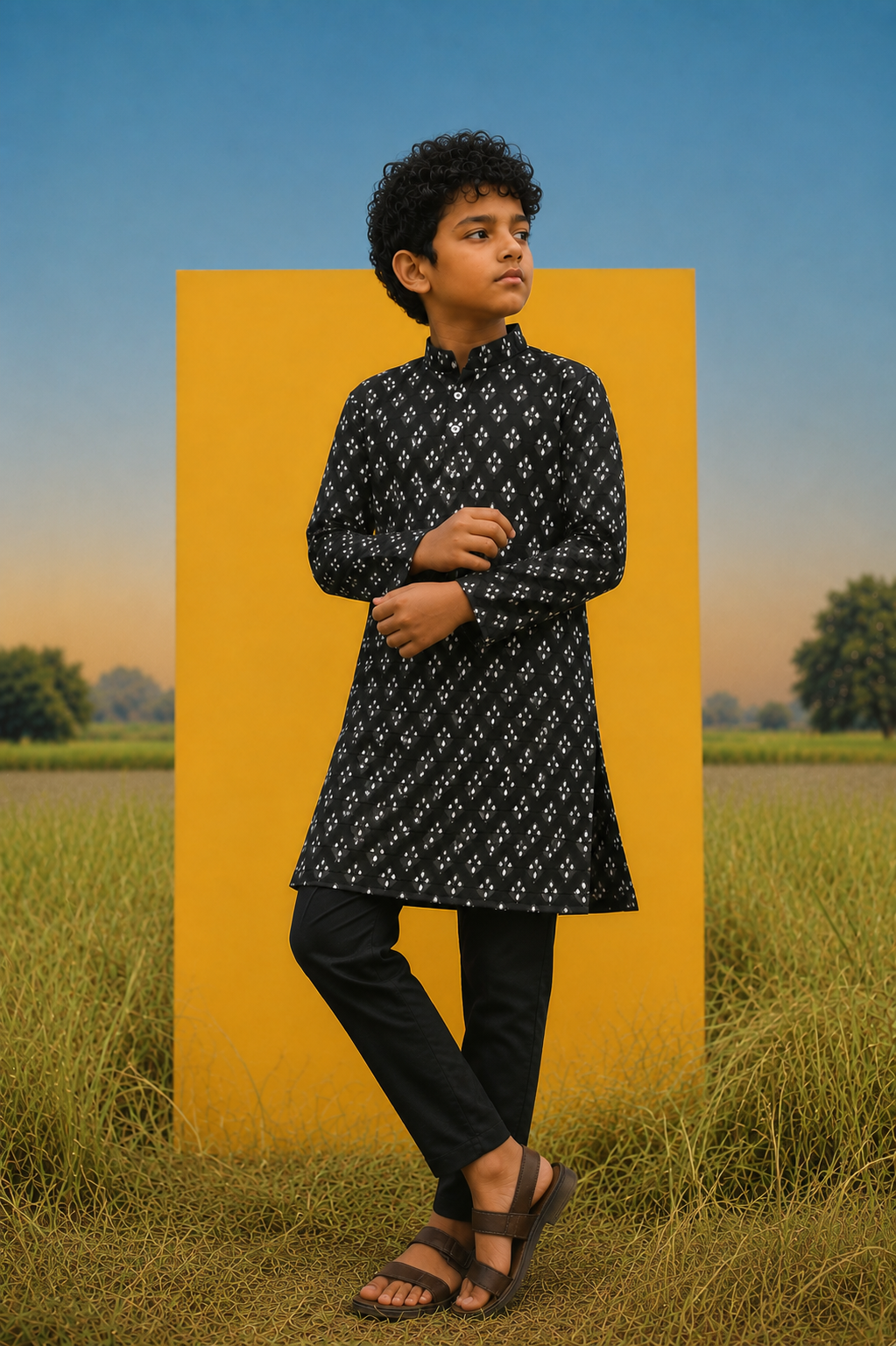 Embers -Printed Mulbery Silk Kurta Set For Kids