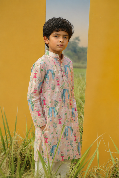 Pink Garden -Printed  Silk Kurta set For Kids