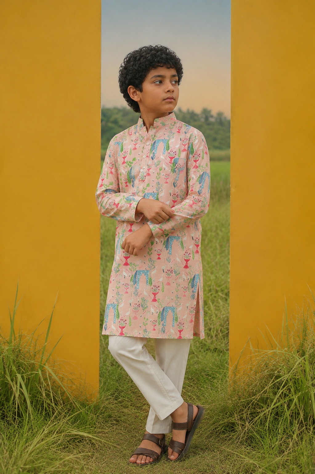 Pink Garden -Printed  Silk Kurta set For Kids