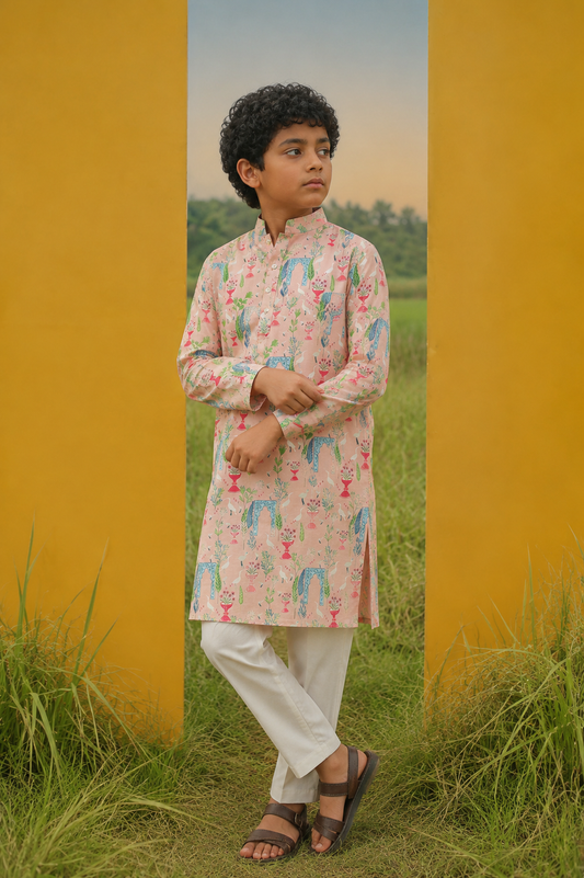 Pink Garden -Printed  Silk Kurta set For Kids