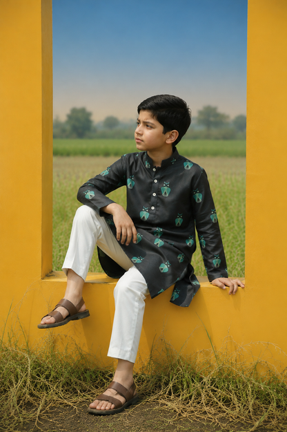 Night Owl - Printed Silk Kurta Set Kids