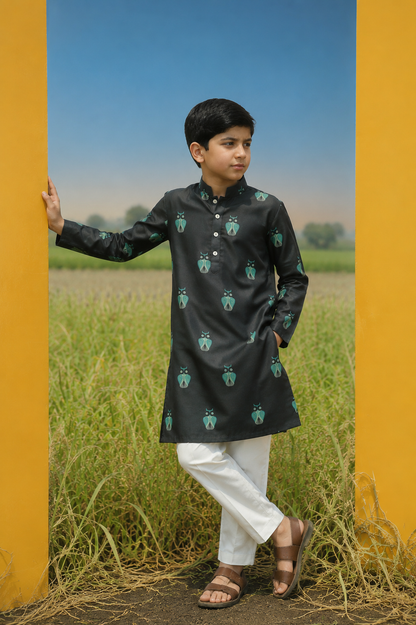 Night Owl - Printed Silk Kurta Set Kids