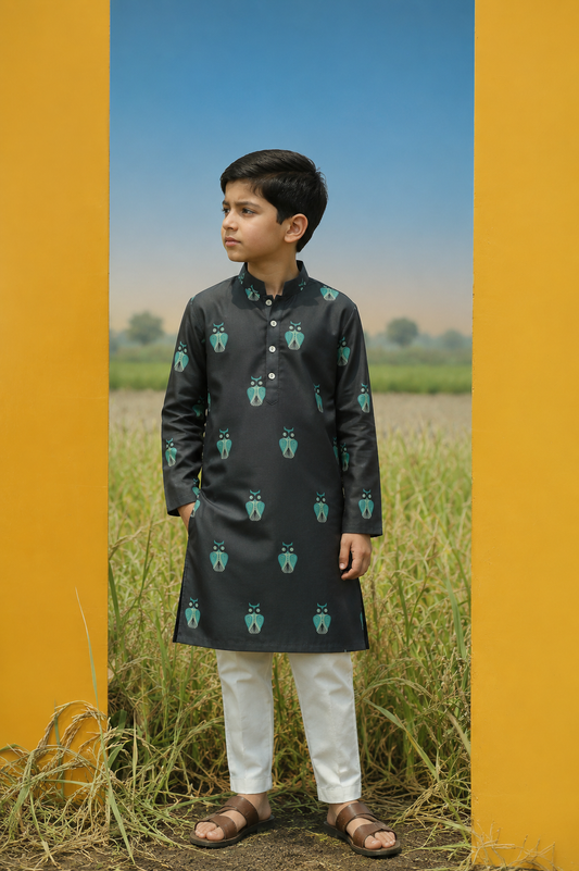 Night Owl - Printed Silk Kurta Set Kids