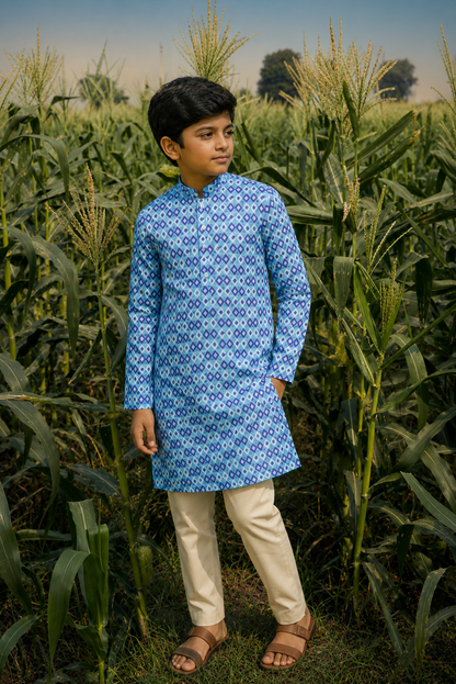 Purple Solitaire - Printed Silk Kurta Set For Kids
