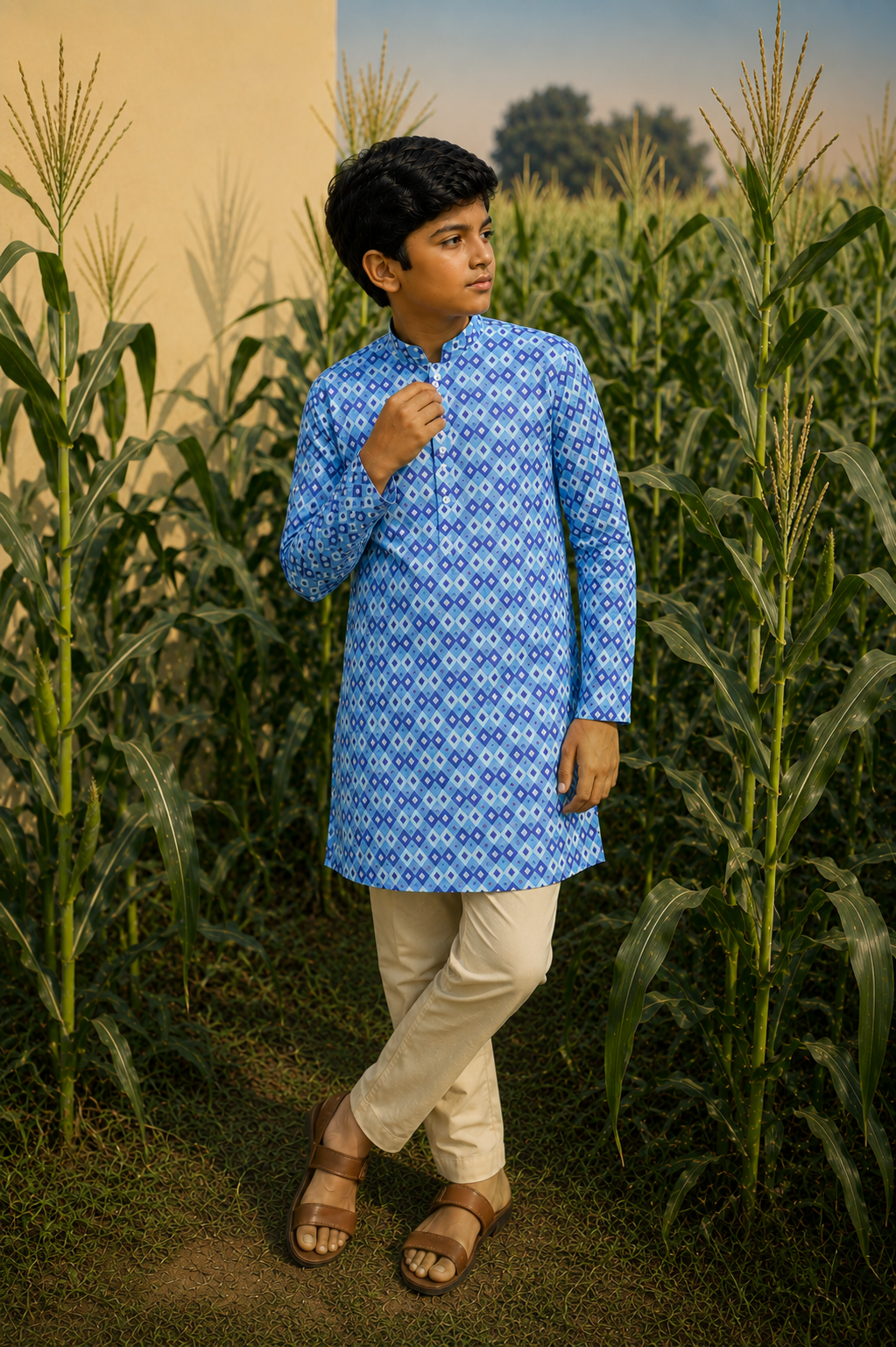 Purple Solitaire - Printed Silk Kurta Set For Kids