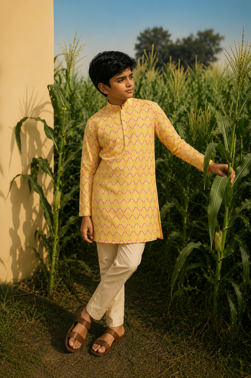 Yellow Art - Printed Silk Kurta set For Kids