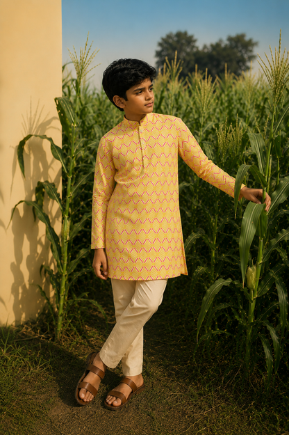 Yellow Art - Printed Silk Kurta set For Kids