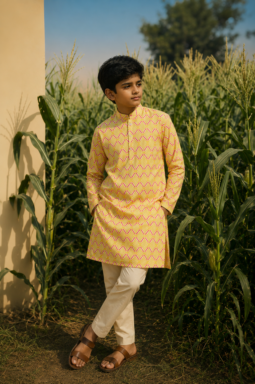 Yellow Art - Printed Silk Kurta set For Kids