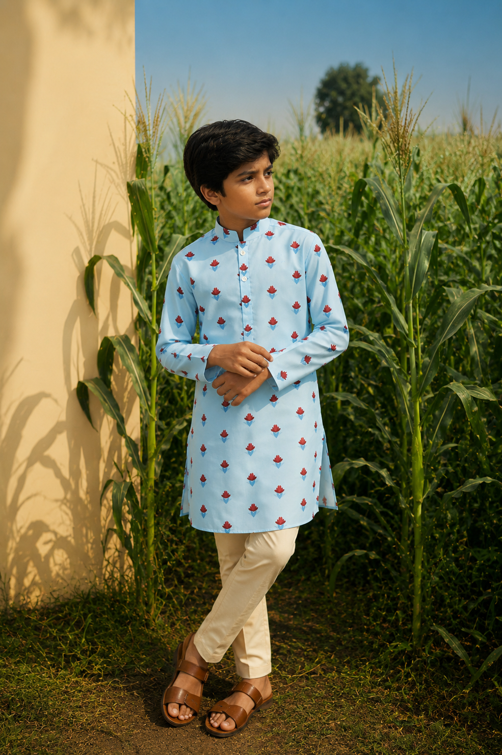 Blue Bloom - Printed  Silk Kurta set For Kids