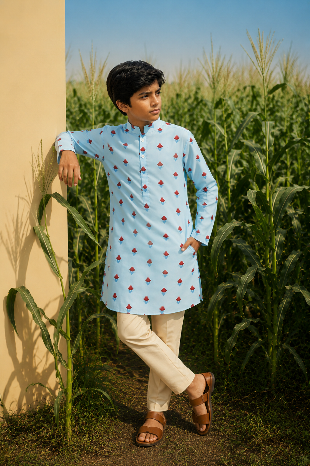 Blue Bloom - Printed  Silk Kurta set For Kids