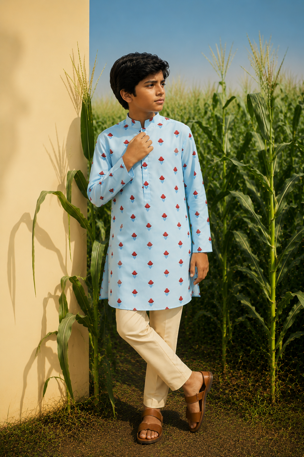 Blue Bloom - Printed  Silk Kurta set For Kids