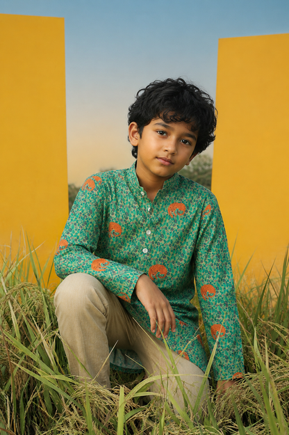 Tiger Land -Printed  Silk Kurta Set For Kids