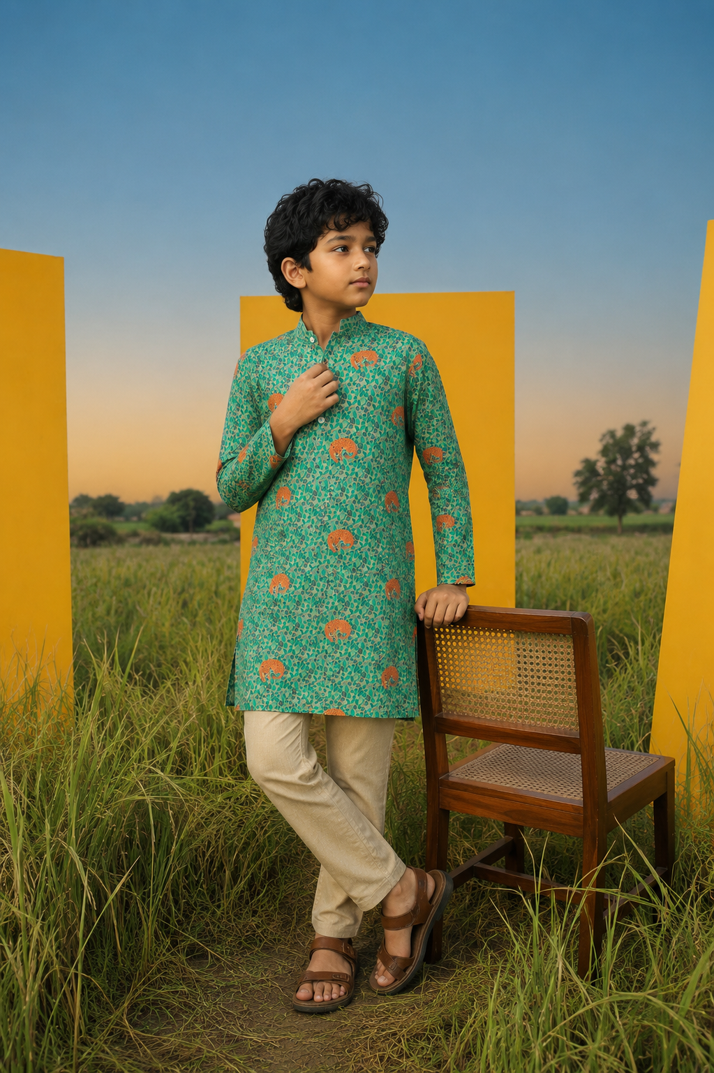 Tiger Land -Printed  Silk Kurta Set For Kids