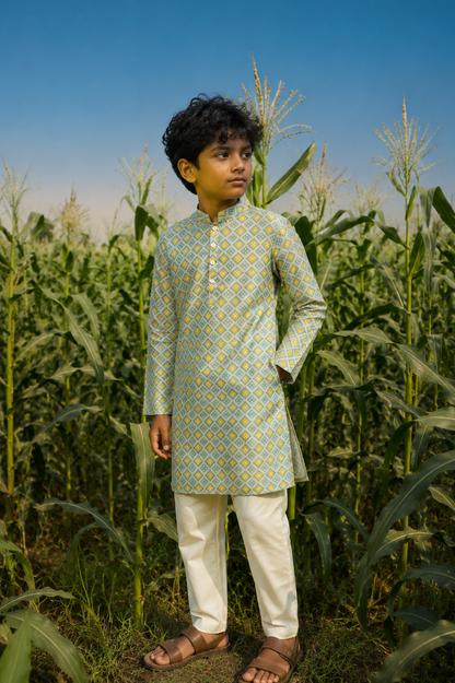 Blue Window - Printed Silk Kurta Set For Kids