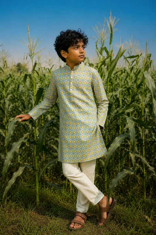 Blue Window - Printed Silk Kurta Set For Kids